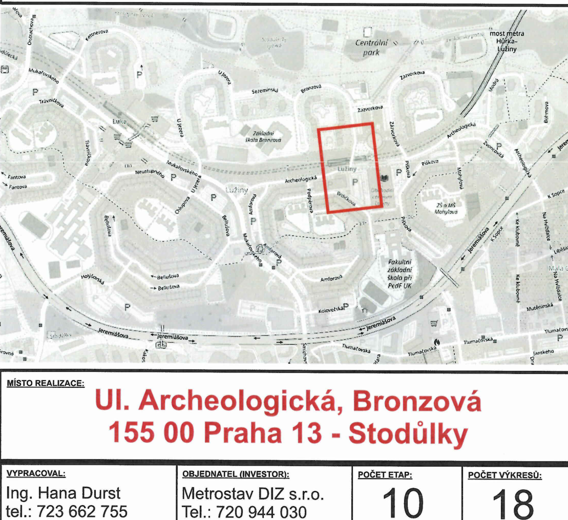 Situační nákres stavby v lokalitě ulice Archeologická v Praze 13 - Stodůlkách.