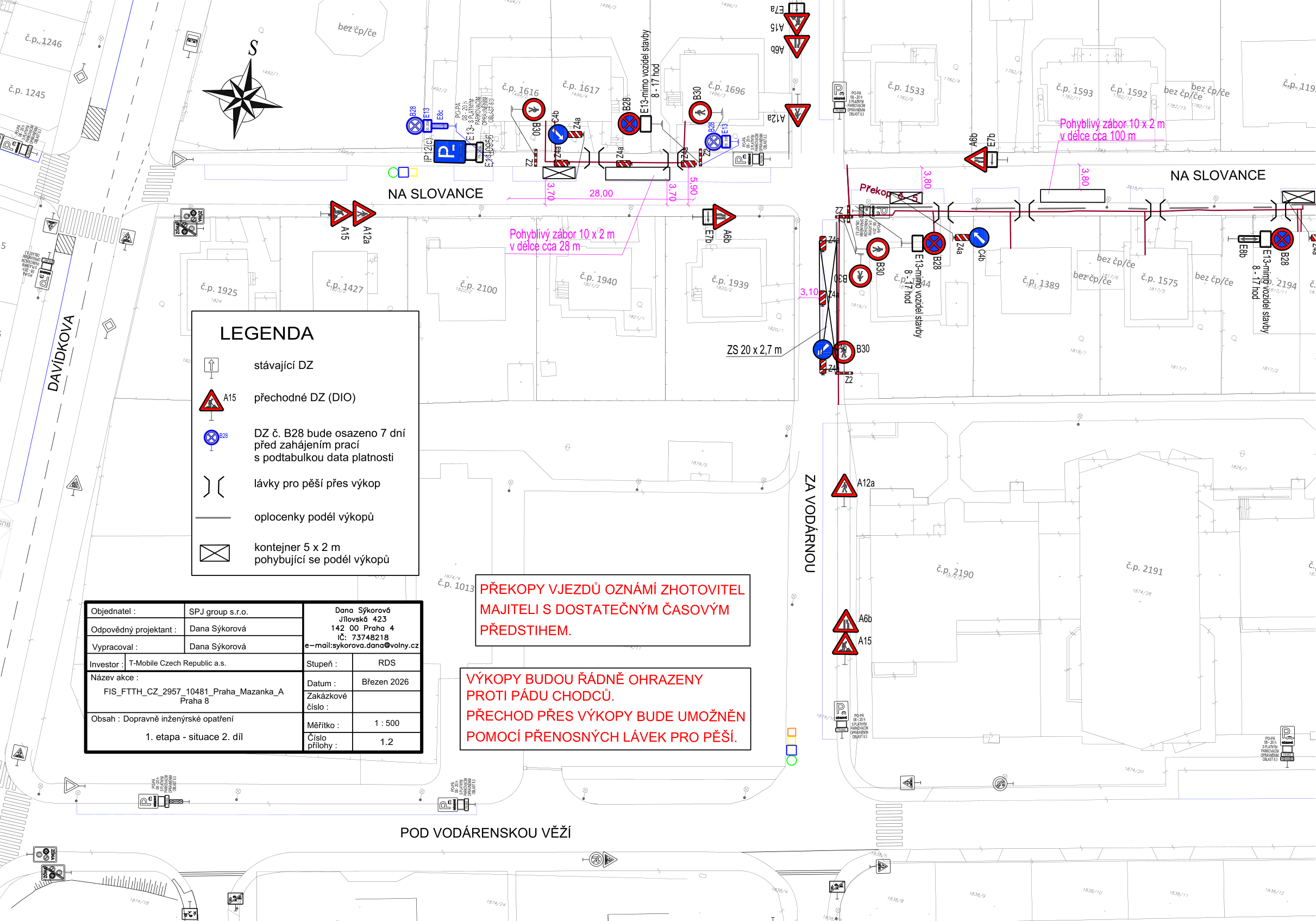 Dopravně inženýrské opatření (situační nákres) pro provádění výkopových prací v ulicích Na Slovance a Pod Vodárenskou věží.