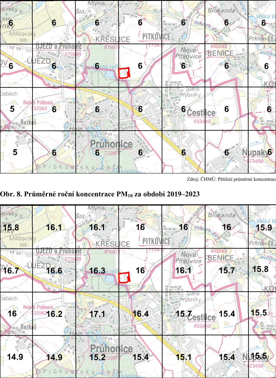 Obrázek obsahuje dvě mapy znázorňující průměrné roční koncentrace PM10 za období 2019–2023 v oblasti obcí Újezd u Průhonic, Křeslice, Pitkovice, Benice, Čestlice a Průhonice. Horní mapa zobrazuje koncentrace pomocí číselných hodnot v mřížce (hodnota 6 v celé oblasti). Dolní mapa zobrazuje konkrétní naměřené hodnoty v jednotlivých čtvercích mřížky (např. 16.1, 16, 17.1, 15.4 atd.). V obou mapách je červeně vyznačen obdélník v oblasti mezi Křeslicemi a Průhonicemi. Zdroj dat: ČHMÚ: Pětileté průměrné koncentrace.