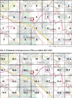 Obrázek obsahuje dvě mapy znázorňující průměrné roční koncentrace PM10 za období 2019–2023 v oblasti obcí Újezd u Průhonic, Křeslice, Pitkovice, Benice, Čestli…
