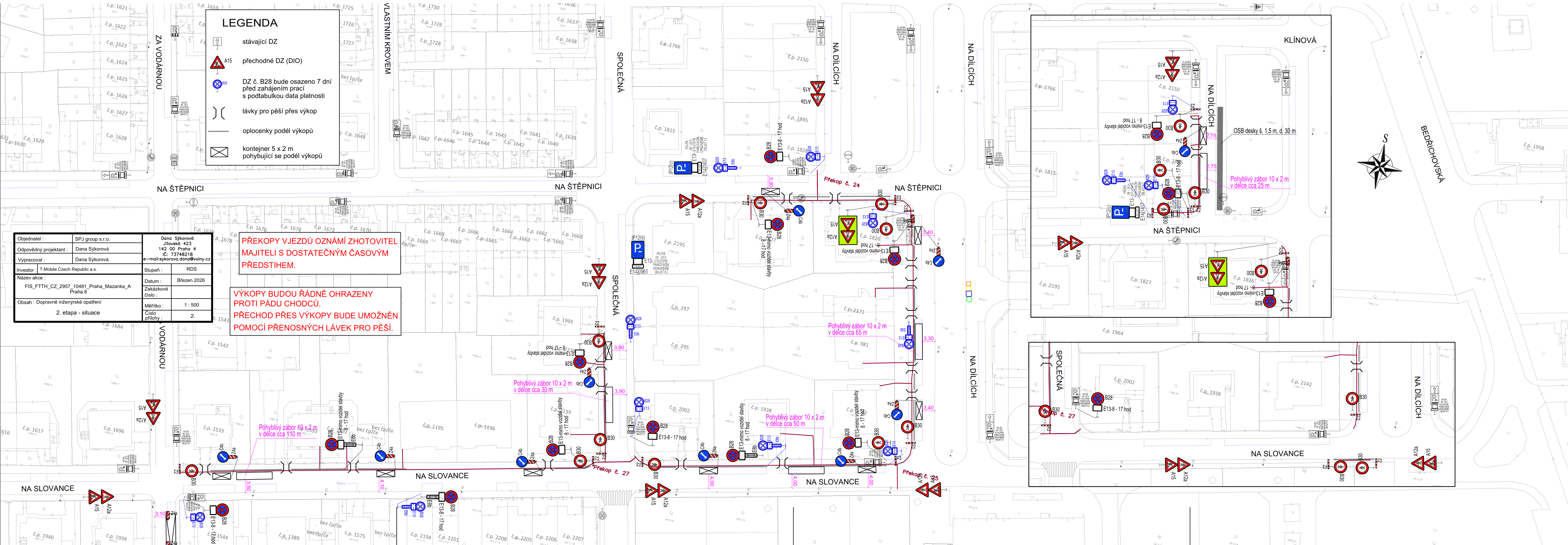 Koordinační situační výkres dopravního značení a záborů pro plánovanou výstavbu telekomunikační sítě.