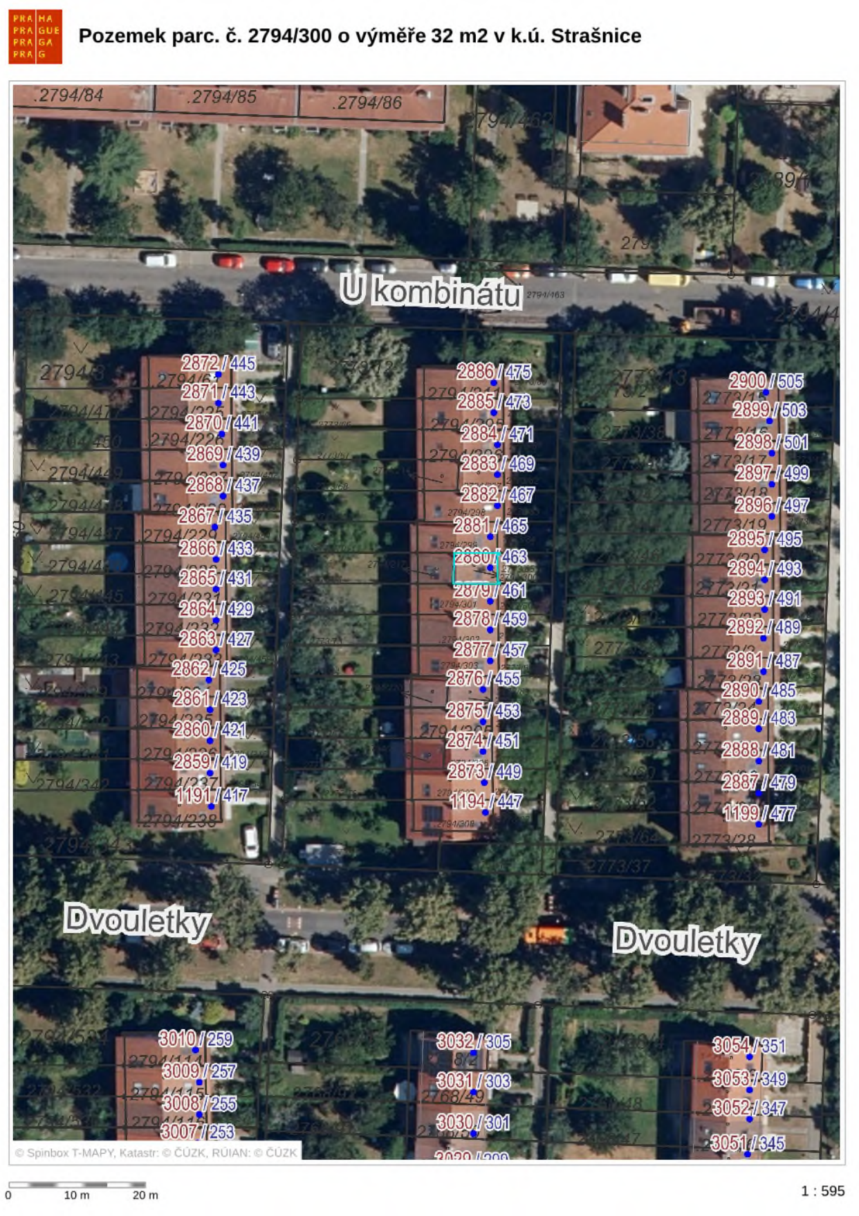 Katastrální mapa s ortofotomapou zobrazující pozemek parc. č. 2794/300 o výměře 32 m2 v k.ú. Strašnice. Mapa obsahuje popisná čísla parcel v oblasti ulic Ú Kombinátu a Dvouletky.