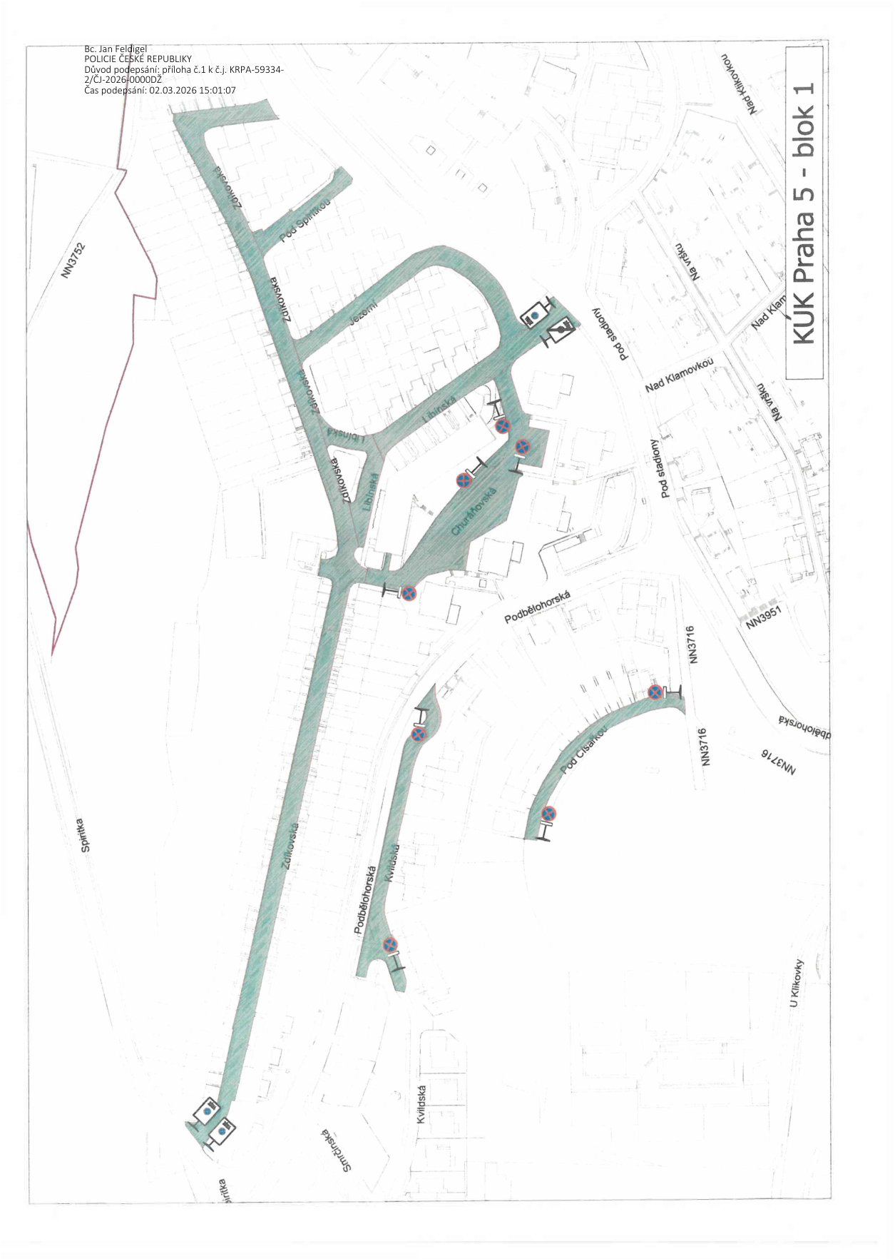 Situační nákres dopravního značení v oblasti Praha 5 - blok 1.