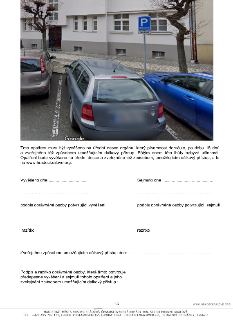 Fotografie z místa (parkoviště a modrá dopravní značka P RESERVÉ), texty o vyvěšení na úřední desce, data a podpisy, a zápatí dokumentu s kontaktními údaji: MA…