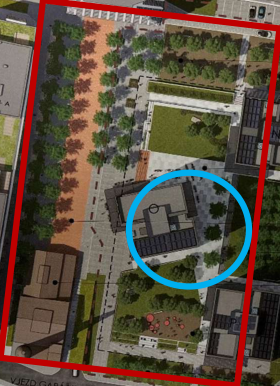 Vizualizace projektu (situační plán) s vyznačenou budovou a okolním terénem.