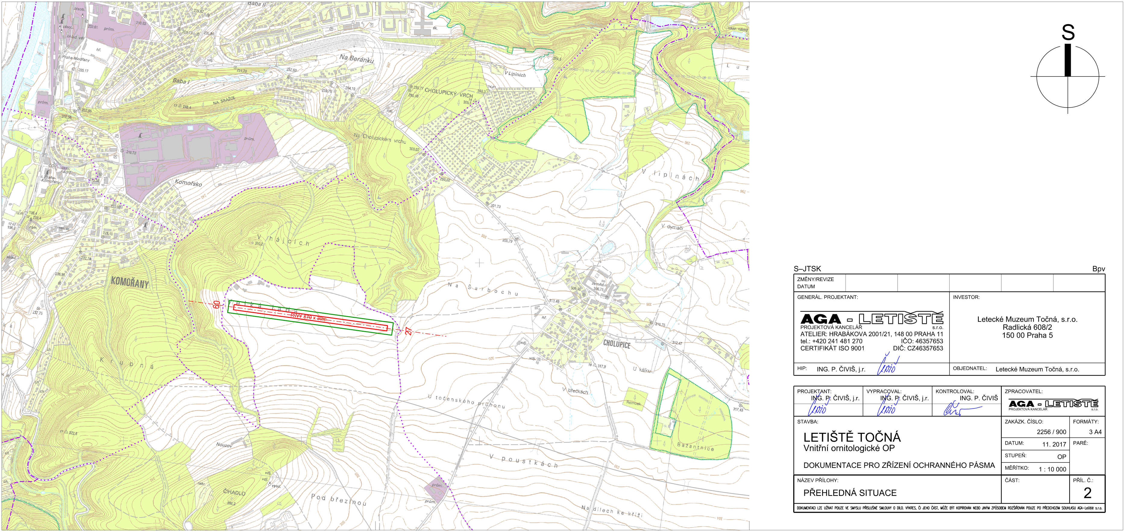 Situační nákres územního plánu s vyznačeným letištěm Točná a ochranným pásmem.