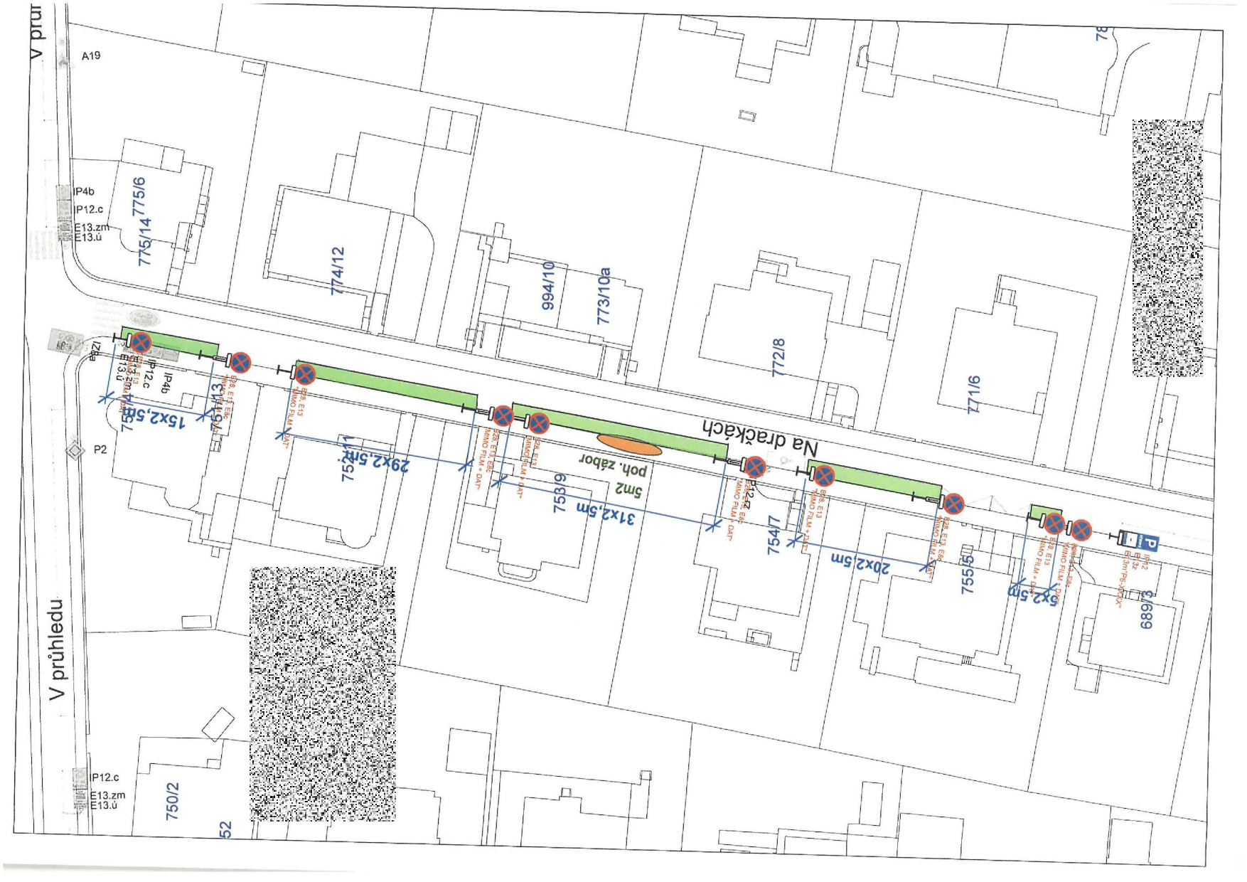 Situační nákres dopravního omezení (záboru) na ulici Na dračkách.