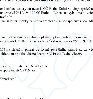 Text dokumentu týkající se výstavby plošné optické infrastruktury na území MČ Praha-Dolní Chabry se společností CETIN a.s., se sídlem Českomoravská 2510/19, 19…