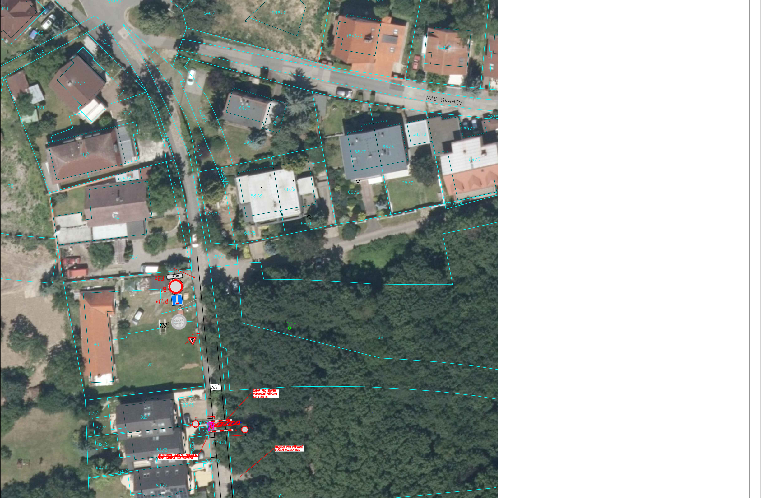 Situační nákres dopravního značení v ulici Nad Svahem. Mapa obsahuje katastrální čísla pozemků (např. 68/2, 68/3, 69/3, 81, 82/4, 82/5, 83/1, 83/2, 1236/1). V mapě jsou vyznačeny dopravní značky: zákaz vjezdu všech vozidel (B1) s dodatkovou tabulkou (E3a) s textem '40 m', slepá ulice (IP10a) a zákaz zastavení (B28). Dále jsou v mapě textové popisky: '3,10' (šířka komunikace), 'ÚSEK PRO ZÁKAZ VJEZDU PROVOZ 3,0 x 8,0 m' a 'PROSTOR PRO OTÁČENÍ STAVEBNÍCH VOZIDEL 425'.