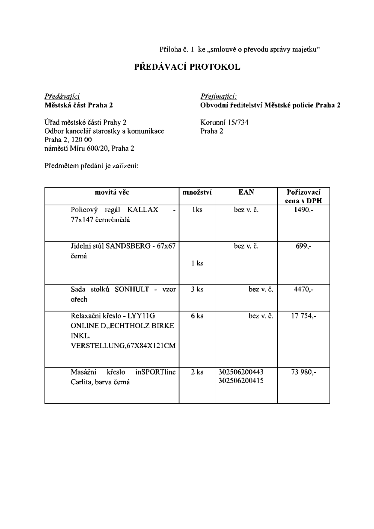 Předávací protokol k 'smlouvě o převodu správy majetku'. Předávající: Městská část Praha 2, Úřad městské části Prahy 2, Odbor kancelář starostky a komunikace, náměstí Míru 600/20, Praha 2. Přejímající: Obvodní ředitelství Městské policie Praha 2, Korunní 15/734, Praha 2. Tabulka předávaného zařízení: 1) Policový regál KALLAX 77x147 černohnědá, 1 ks, bez v. č., cena 1490,-. 2) Jídelní stůl SANDSBERG 67x67 černá, 1 ks, bez v. č., cena 699,-. 3) Sada stolků SONHULT vzor ořech, 3 ks, bez v. č., cena 4470,-. 4) Relaxační křeslo LYY11G ONLINE D, ECHTHOLZ BIRKE INKL. VERSTELLUNG, 67X84X121CM, 6 ks, bez v. č., cena 17 754,-. 5) Masážní křeslo inSPORTline Carlita, barva černá, 2 ks, EAN 302506200443 a 302506200415, cena 73 980,-.