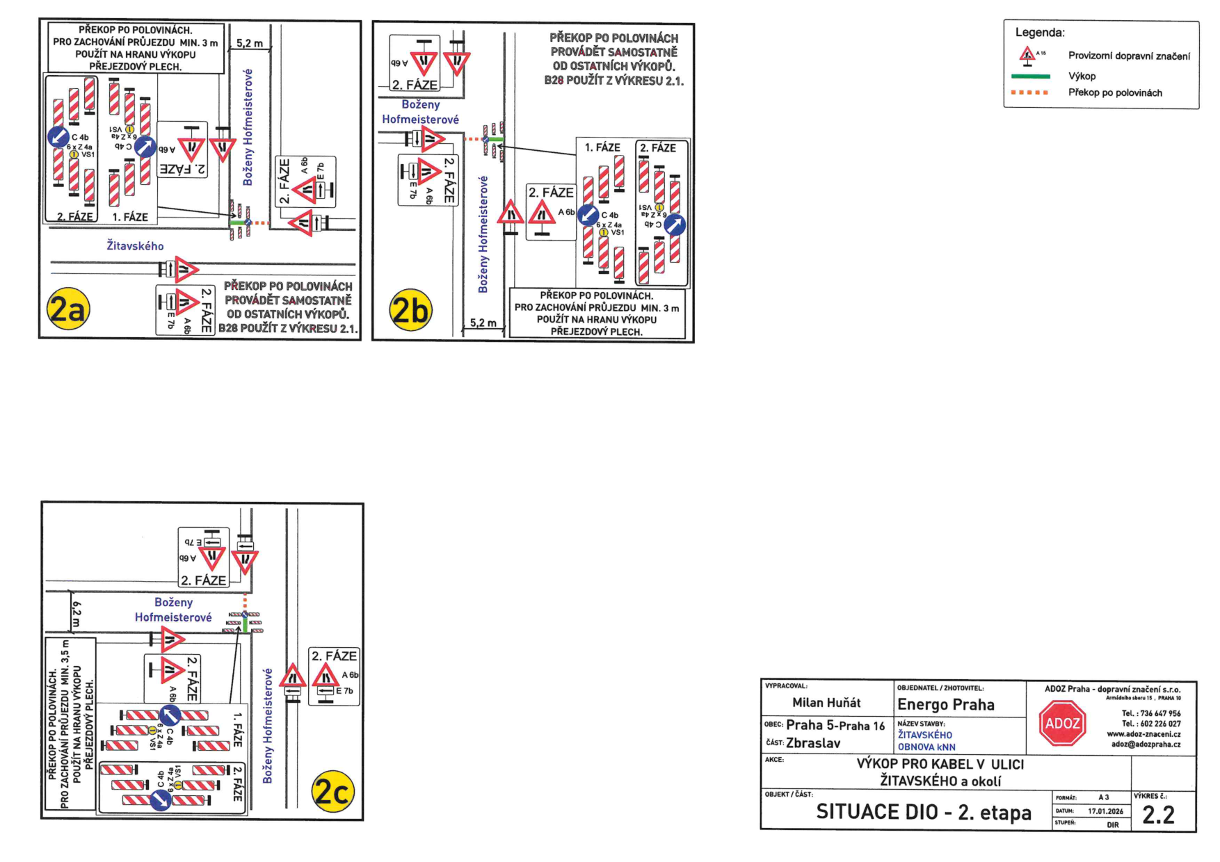 Situační nákres dopravního značení (DIO) pro výkopové práce v ulici Žitavského.