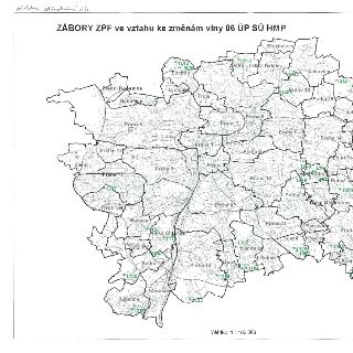 Mapa s názvem 'Příloha odůvodnění č. 4' a nadpisem 'ZÁBORY ZPF ve vztahu ke změnám vlny 06 ÚP SÚ HMP'. Mapa zobrazuje území Prahy rozdělené na jednotlivé městs…