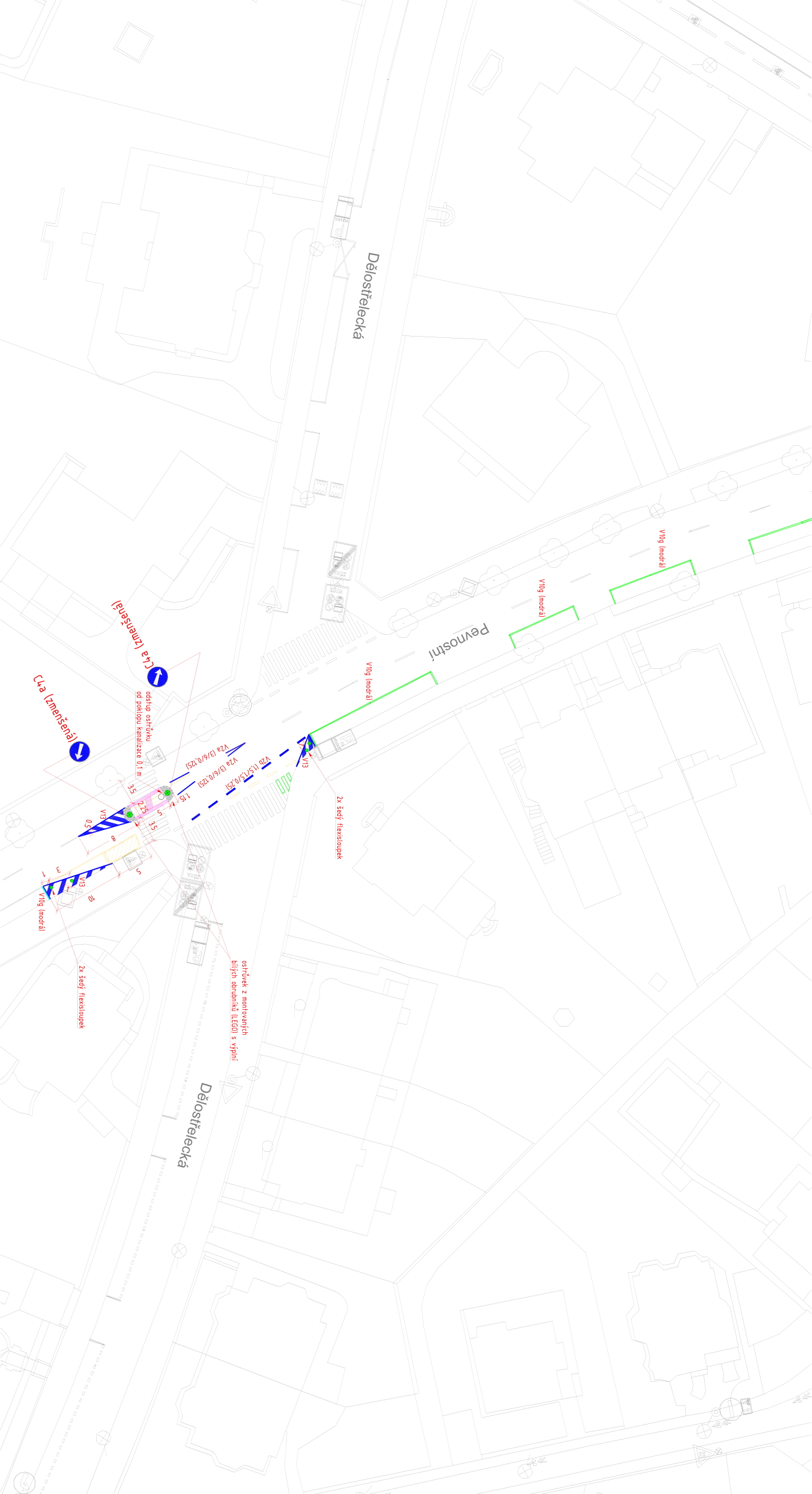 Koordinační výkres dopravního značení v křížení ulic Pevnostní a Dělostřelecká.
