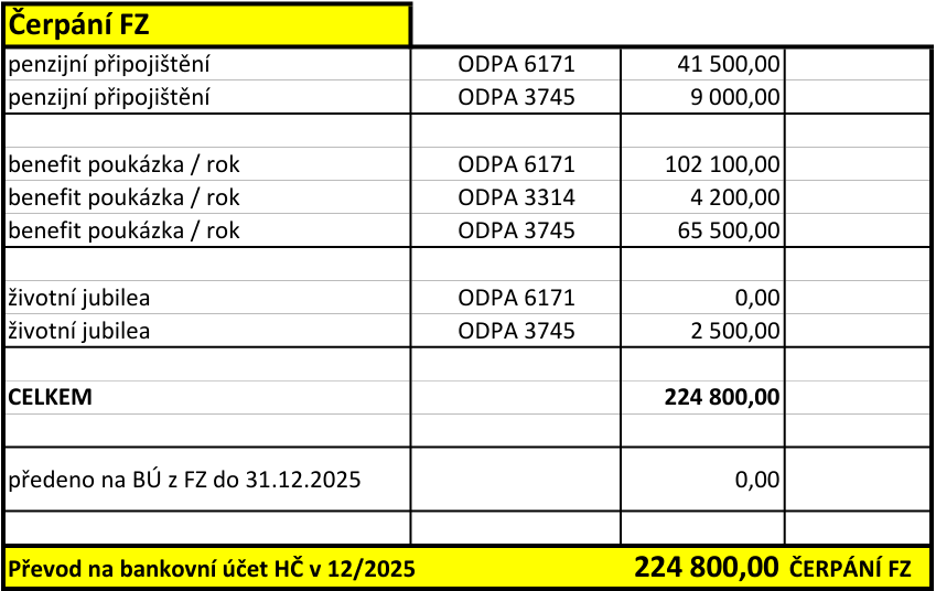 Tabulka 'Čerpání FZ' obsahuje přehled výdajů rozdělených podle účelů a kódů (ODPA): penzijní připojištění (ODPA 6171: 41 500,00; ODPA 3745: 9 000,00), benefit poukázka / rok (ODPA 6171: 102 100,00; ODPA 3314: 4 200,00; ODPA 3745: 65 500,00), životní jubilea (ODPA 6171: 0,00; ODPA 3745: 2 500,00). CELKEM činí 224 800,00. Položka 'předeno na BÚ z FZ do 31.12.2025' je 0,00. Celkový 'Převod na bankovní účet HČ v 12/2025' je 224 800,00 ČERPÁNÍ FZ.
