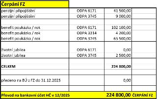 Tabulka 'Čerpání FZ' obsahuje přehled výdajů rozdělených podle účelů a kódů (ODPA): penzijní připojištění (ODPA 6171: 41 500,00; ODPA 3745: 9 000,00), benefit…