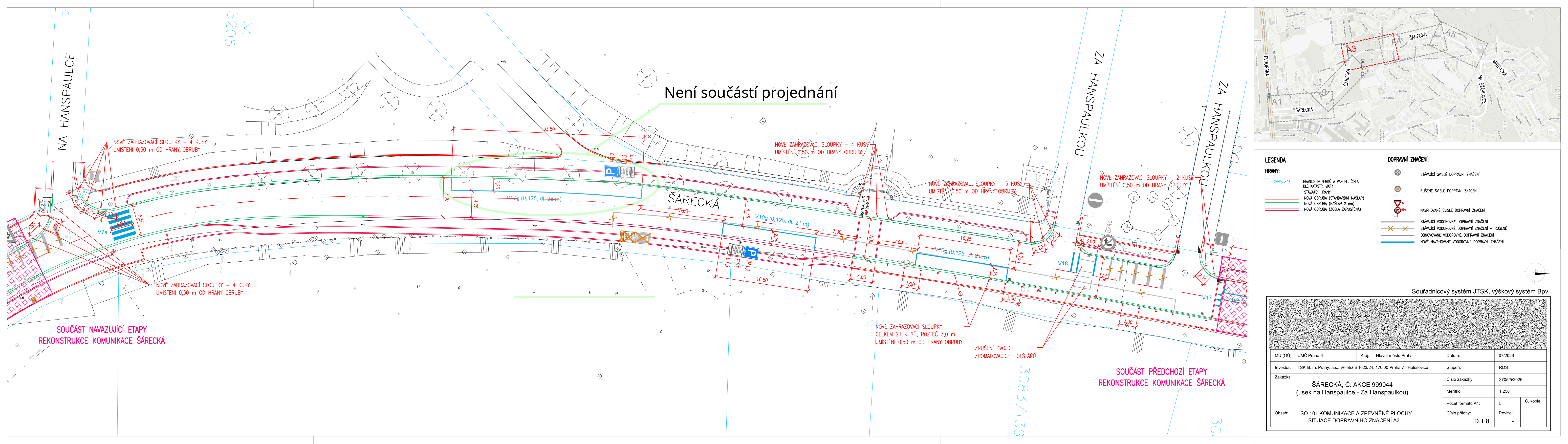 Projektová dokumentace dopravního značení pro rekonstrukci komunikace Šárecká (úsek Na Hanspaulce – Za Hanspaulkou). Obsahuje situační nákres s vyznačením nových zábranných sloupků, parkovacích míst, vodorovného dopravního značení (V10g, V18, V17) a zrušení zpomalovacích polštářů. V pravém horním rohu je přehledová mapa oblasti A3. V pravém dolním rohu je razítko s informacemi: MČ Praha 6, akce: Šárecká, č. akce 999044, obsah: SO 101 KOMUNIKACE A ZPEVNĚNÉ PLOCHY, SITUACE DOPRAVNÍHO ZNAČENÍ A3, datum 07/2026, měřítko 1:250, výkres č. D.1.8.
