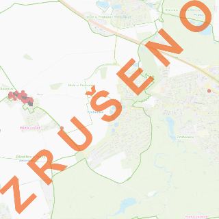 Mapa oblasti v okolí obcí Průhonice, Šeberov, Újezd u Průhonic a Křeslice s velkým nápisem přes celou plochu "ZRUŠENO" a červenými body znázorňujícími body záj…