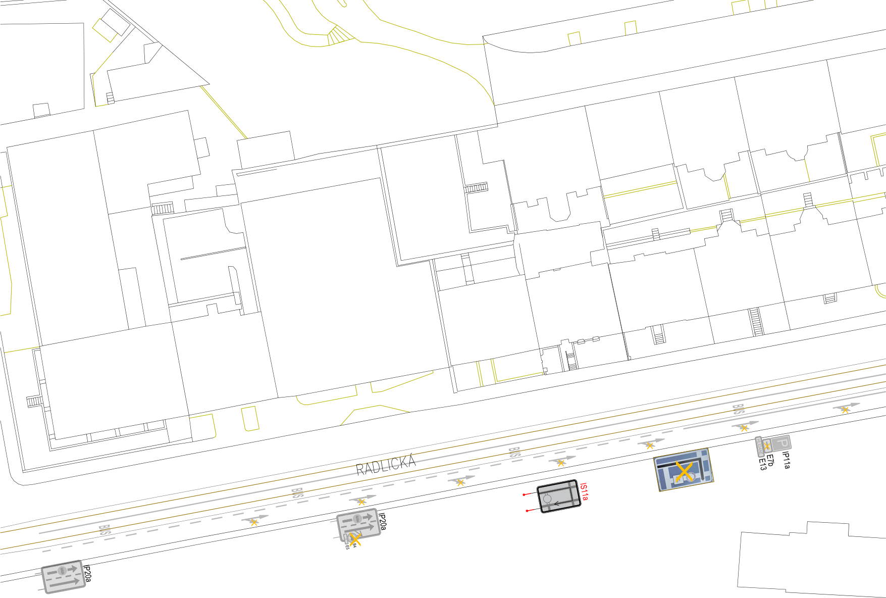 Koordinační výkres (situační nákres) se zákresem dopravního značení na ulici Radlická.