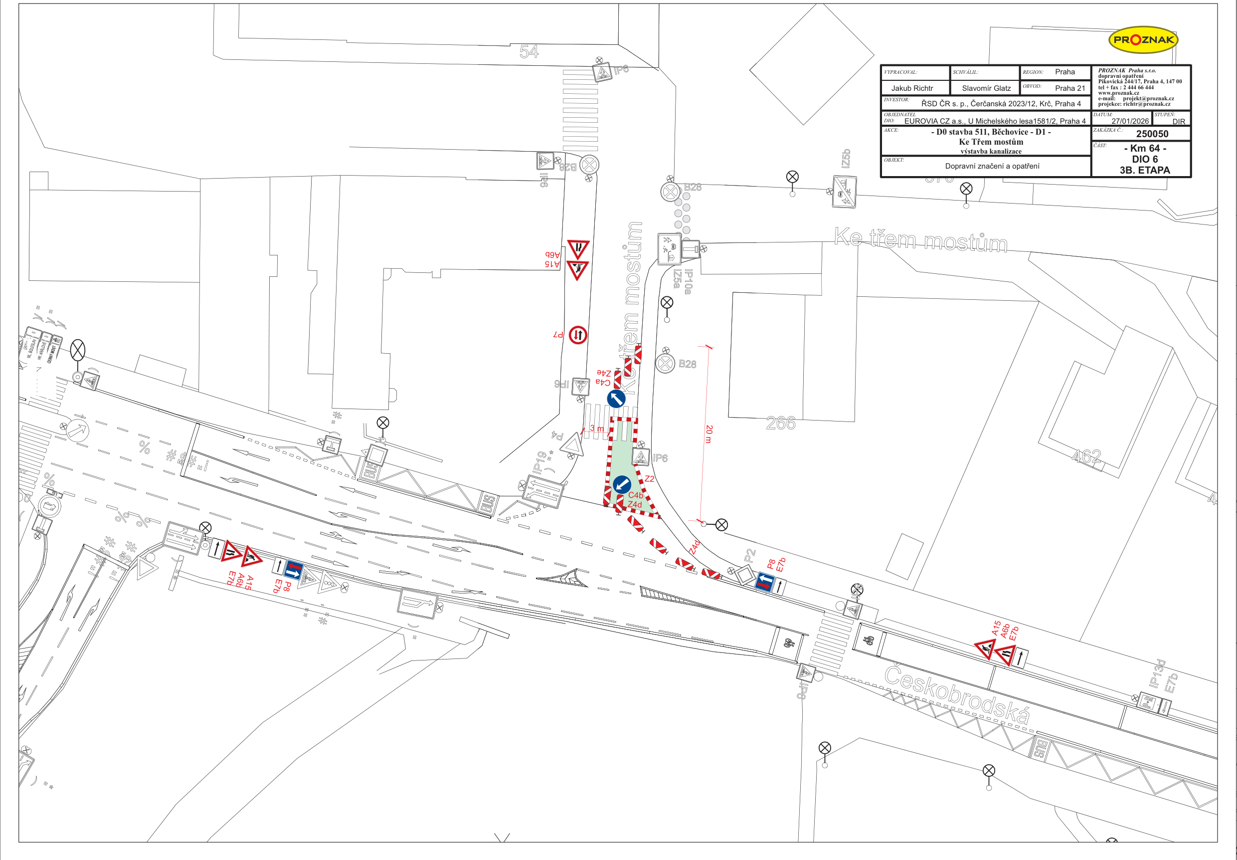 Situační nákres dopravního značení a opatření v lokalitě Ke Třem mostům a Českobrodská ulice.