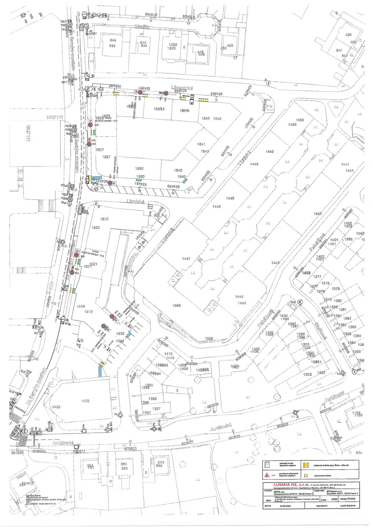 Situační nákres dopravního značení v ulicích Lipnická a Jordánská.