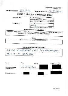 Zápis o předání a převzetí díla (F-06-Zapis o predani a prevzeti dila - investo, Platnost od: 05.01.20). Datum zahájení díla: 13.7.2020. Datum ukončení díla: 3…