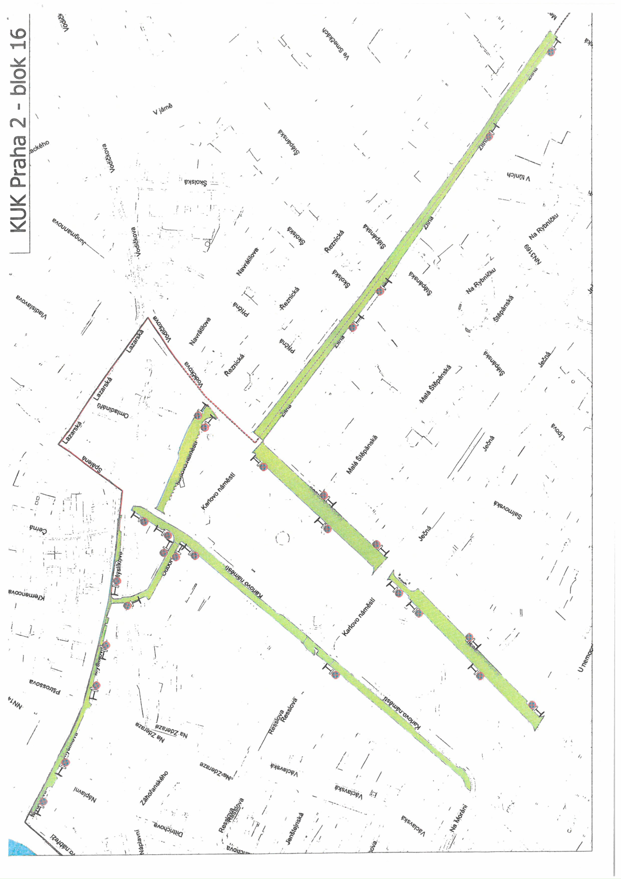 Situační plán s vyznačenými zónami v oblasti bloku 16 v Praze.