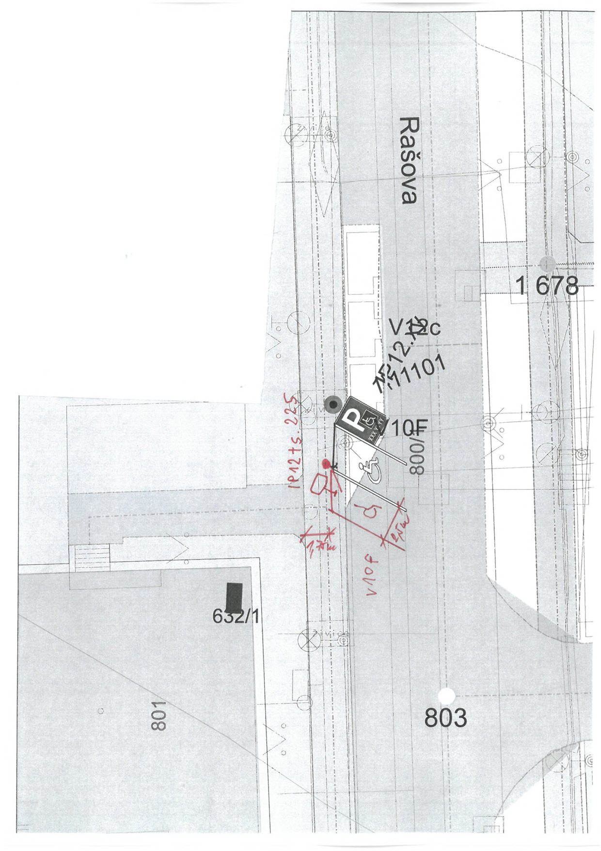 Situační výkres návrhu úpravy parkovacího místa pro tělesně postižené u ulice Rašova.
