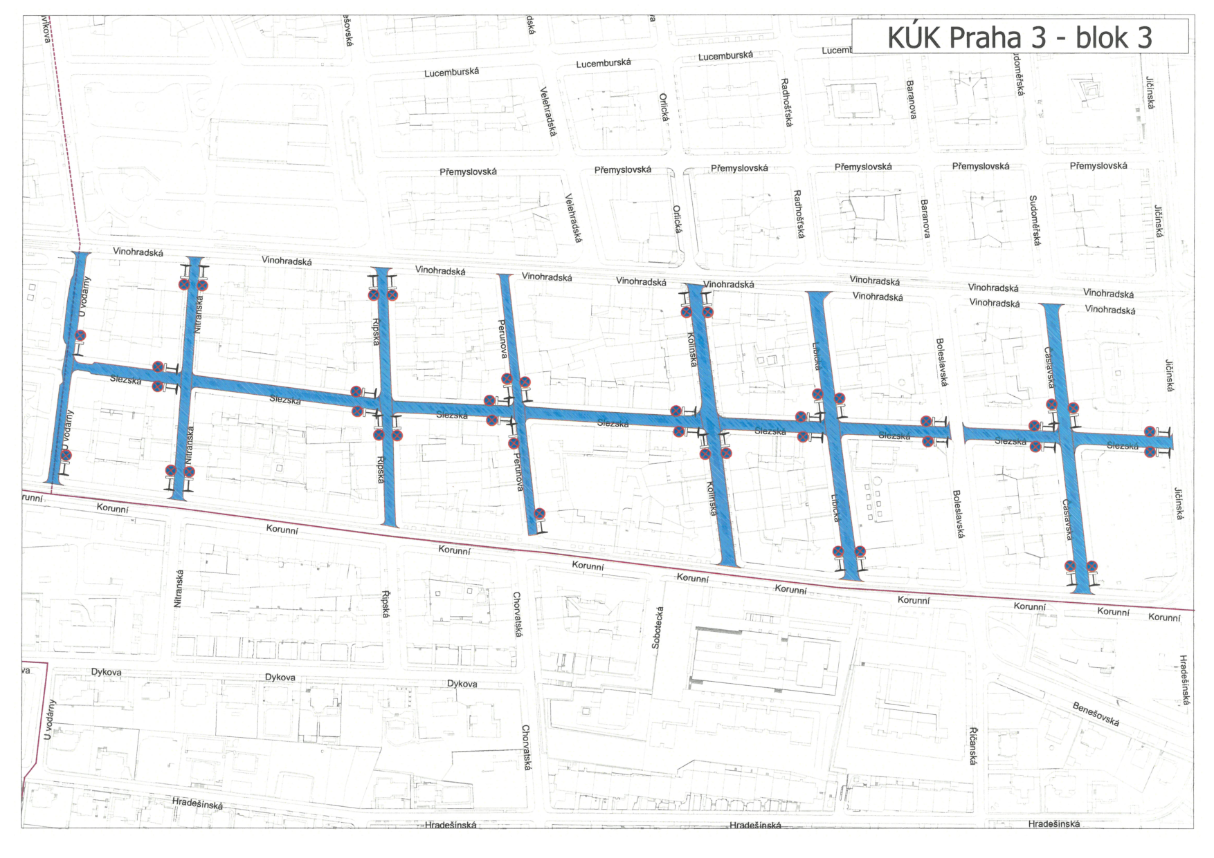 Schéma úprav zón placeného stání (KÚK) v oblasti Prahy 3 na podkladové mapě ulic.