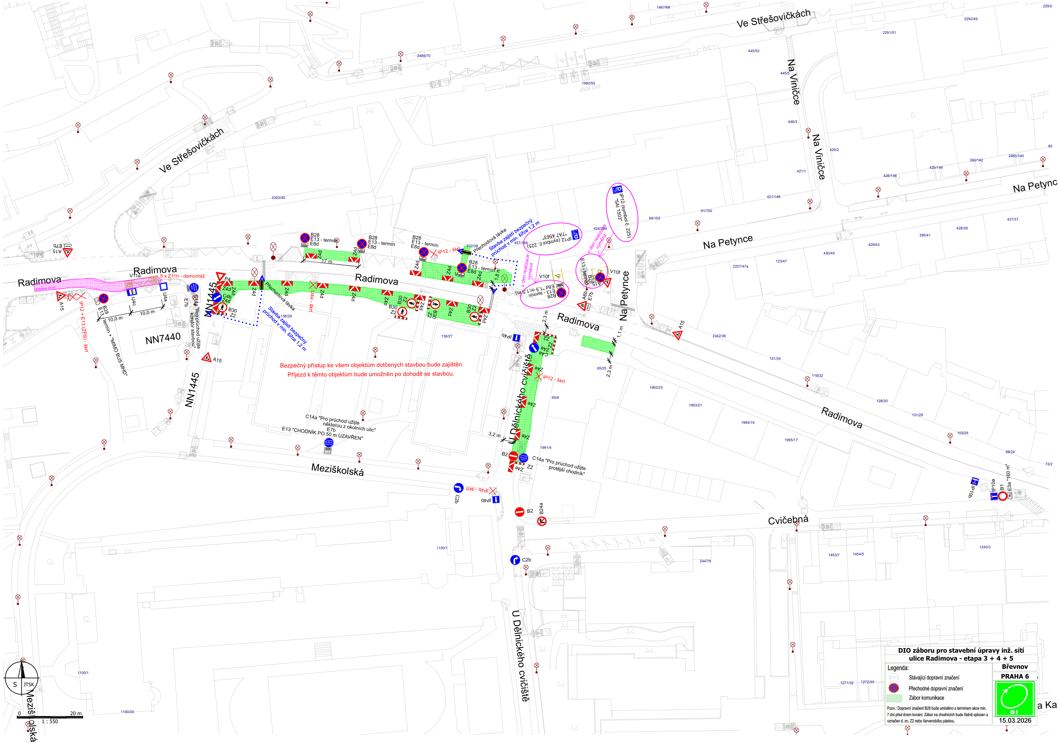 Plán DIO (dopravně inženýrského opatření) pro stavební úpravy inženýrských sítí v ulici Radimova, Praha 6 - Břevnov, etapa 3 + 4 + 5. Datum v dokumentu: 15.03.2026. Mapa zobrazuje uzavírky a dopravní značení v oblasti ulic Radimova, Na Petynce, U Dělnického cvičiště a Meziškolská. Obsahuje texty: 'Bezpečný přístup ke všem objektům dotčených stavbou bude zajištěn. Příjezd k těmto objektům bude umožněn po dohodě se stavbou.', 'C14a Pro průchod užijte některou z okolních ulic', 'E13 CHODNÍK PO 50 m UZAVŘEN', 'Přechodová lávka', 'Stavba zajistí bezpečný průchod v min. šířce 1,2 m'. Legenda značí stávající dopravní značení, přechodné dopravní značení a zábor komunikace.