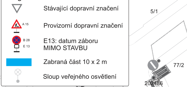Legenda k situačnímu nákresu dopravního značení a záboru veřejného prostranství.