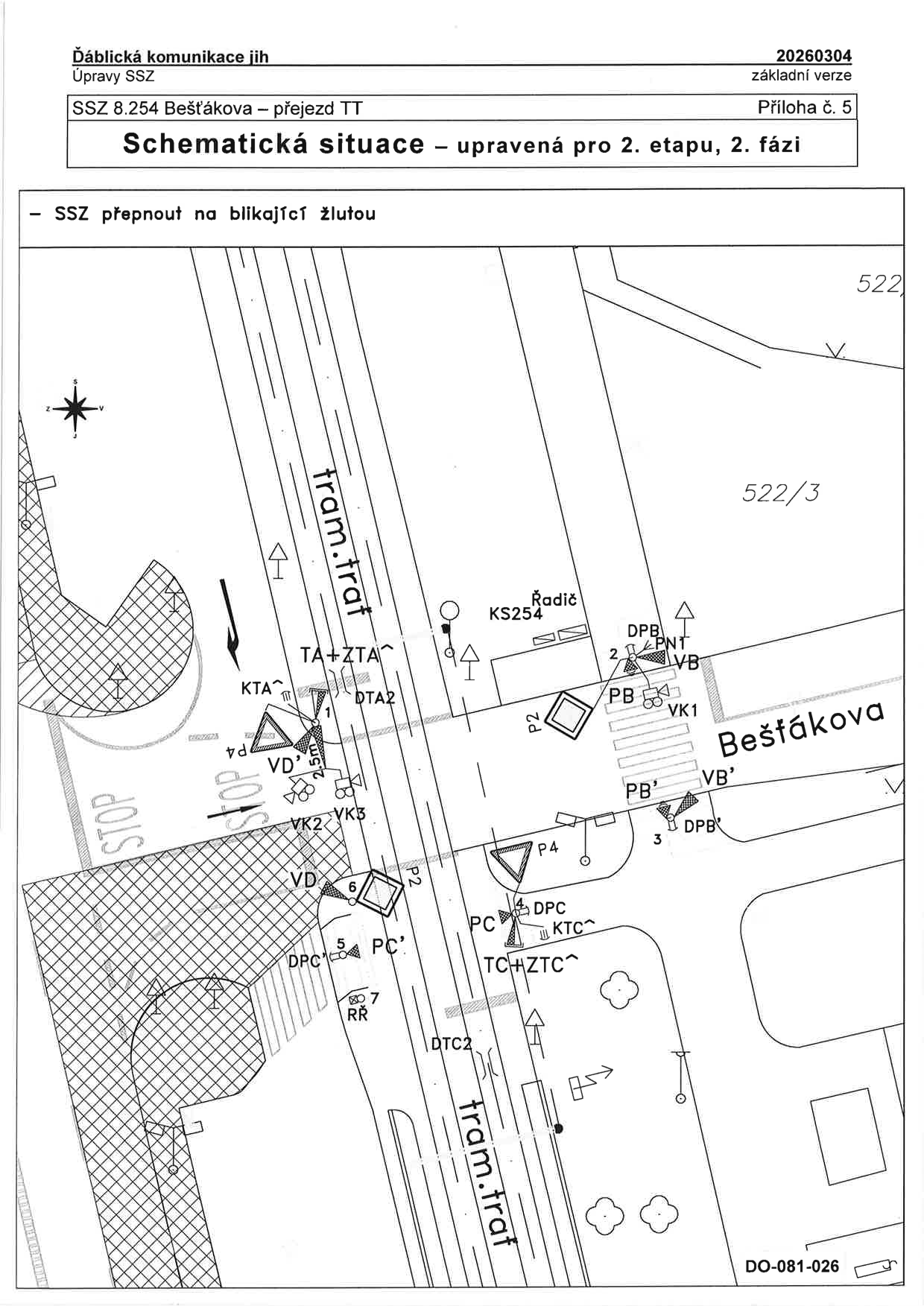 Schematická situace SSZ (světelného signalizačního zařízení) pro úpravu přejezdu tramvajové trati v ulici Bešťákova.
