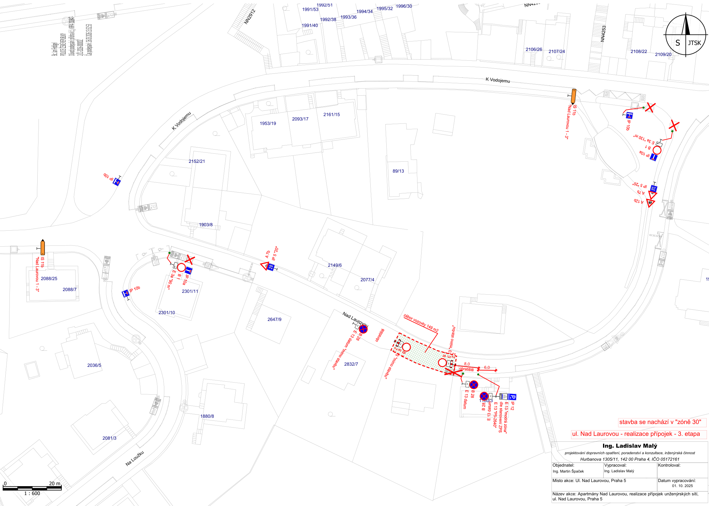 Koordinační situace dopravního značení pro stavbu přípojek v ulici Nad Laurovou.
