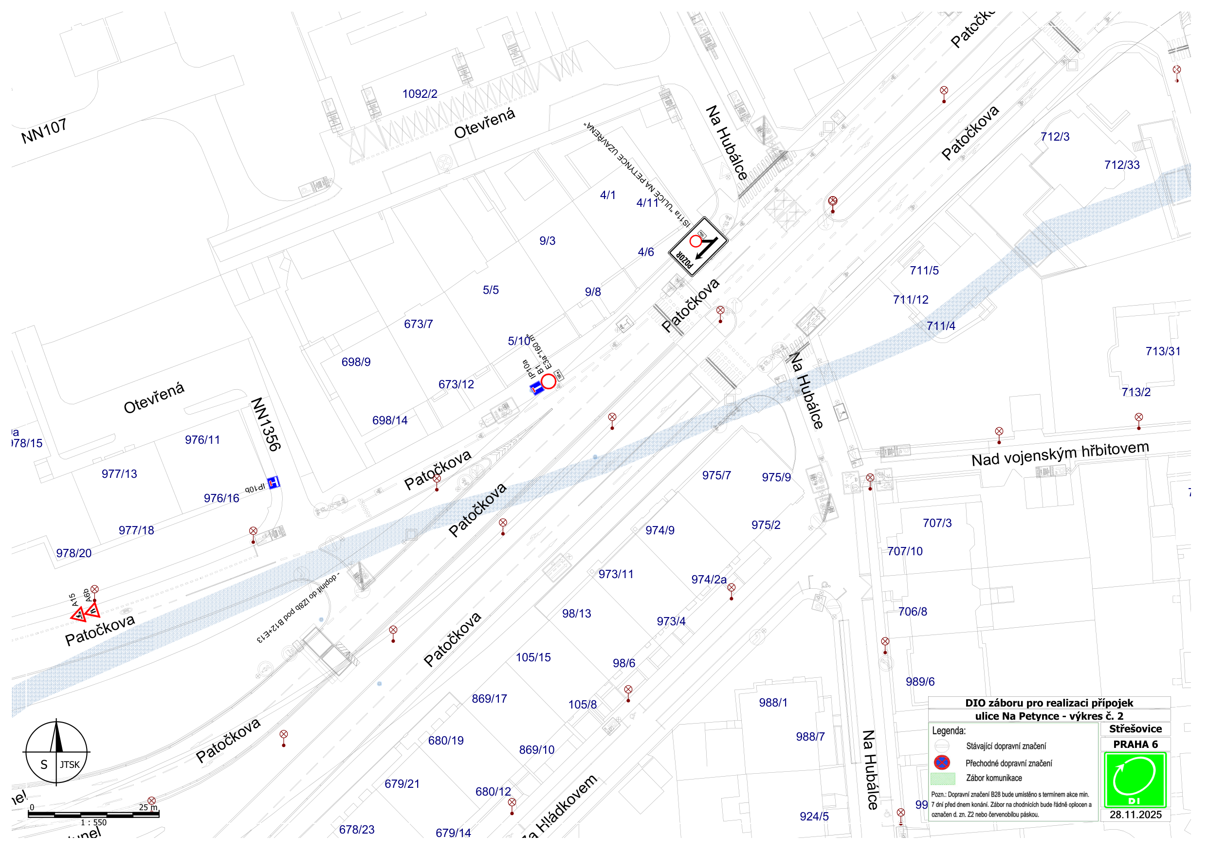 Situační nákres dopravního značení a záboru pro realizaci přípojek v ulici Na Petynce.