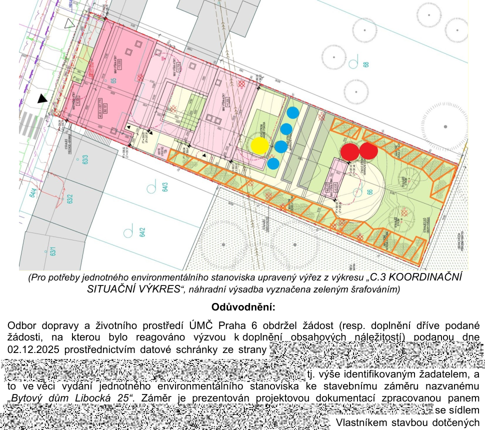 Koordinační situační výkres stavby "Bytový dům Libocká 25" se zákresem náhradní výsadby.
