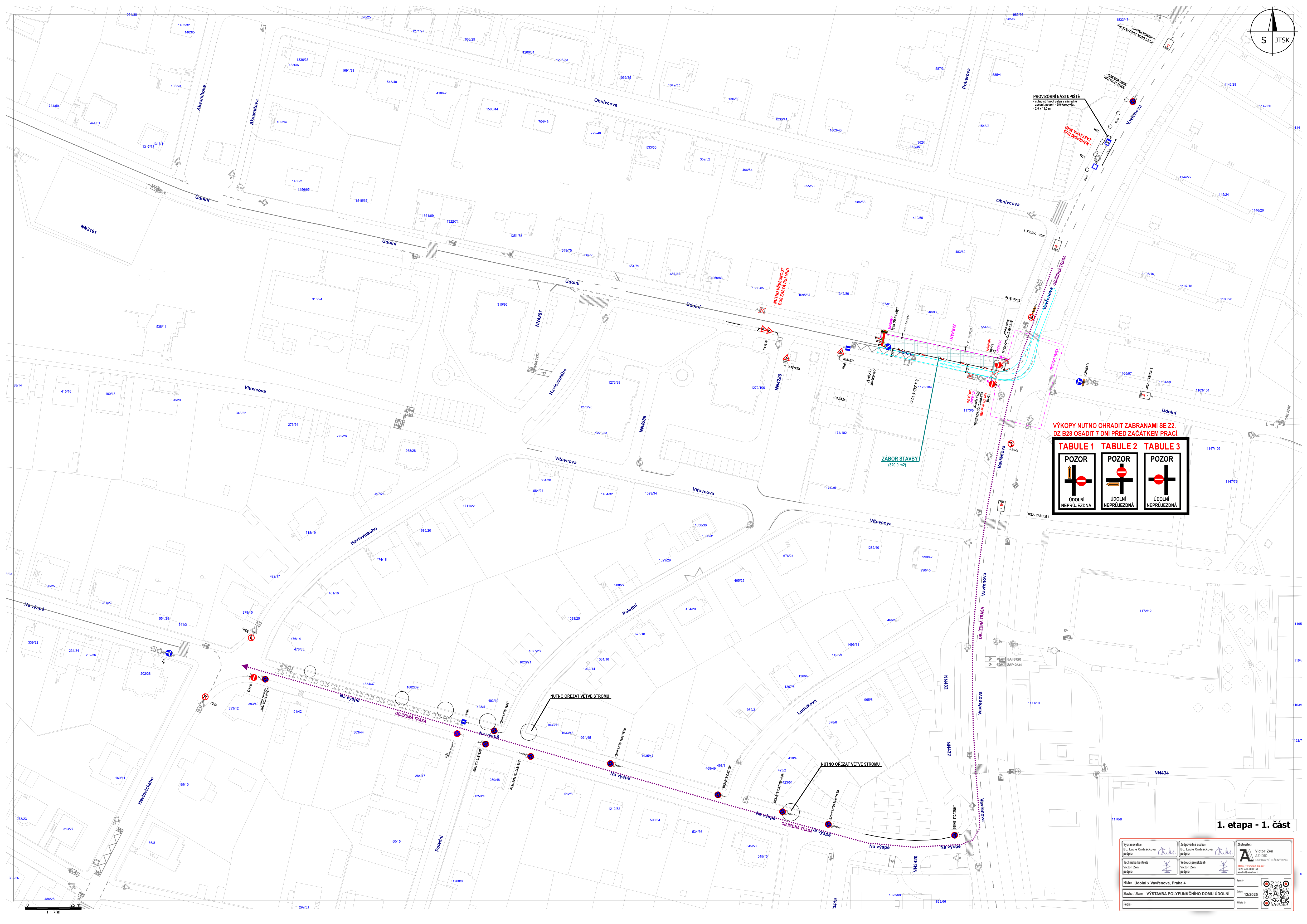 Situační nákres dopravního značení a objízdné trasy v rámci stavebního projektu.