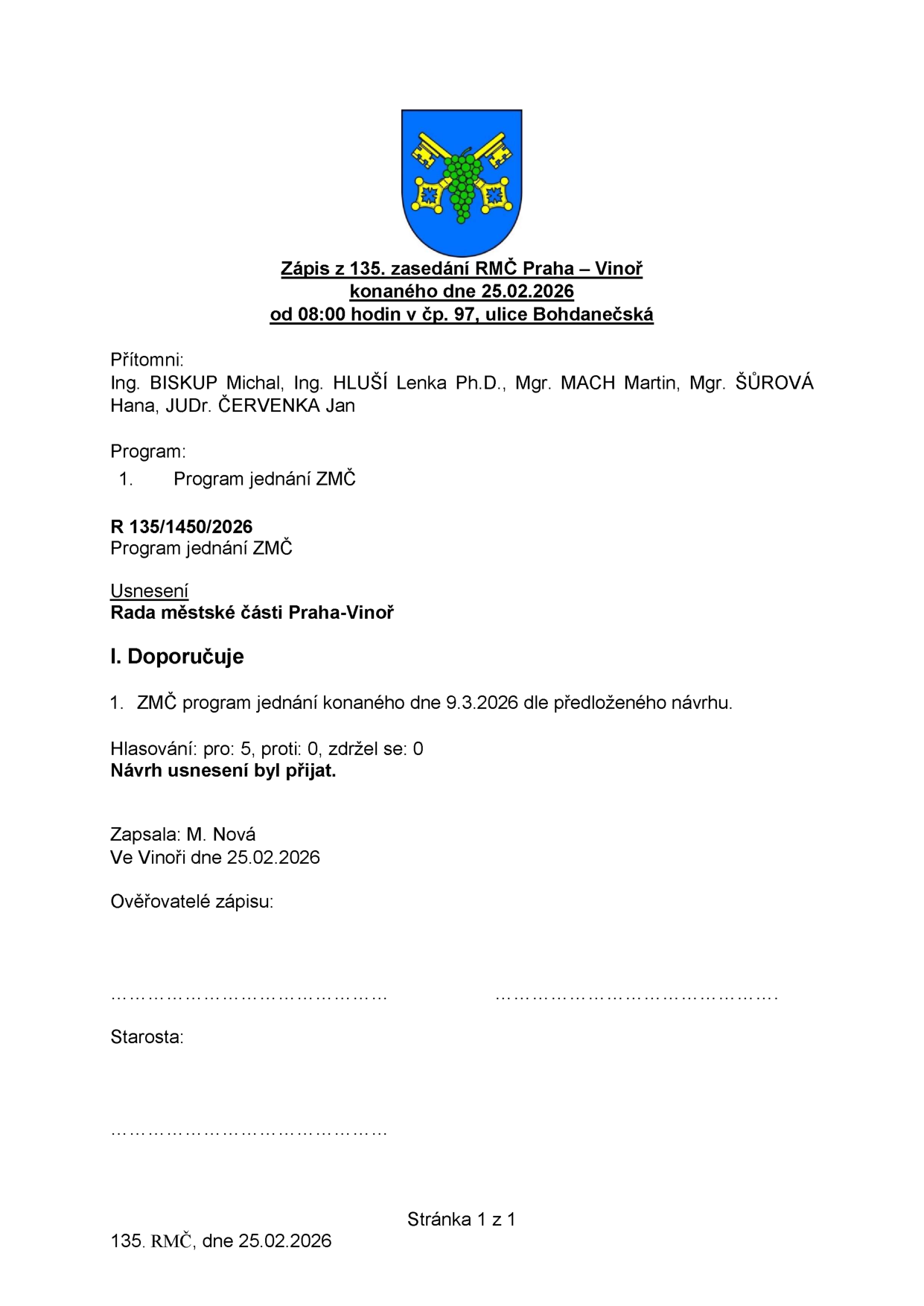 Zápis z 135. zasedání RMČ Praha – Vinoř konaného dne 25.02.2026 od 08:00 hodin v čp. 97, ulice Bohdanečská. Přítomni: Ing. BISKUP Michal, Ing. HLUŠÍ Lenka Ph.D., Mgr. MACH Martin, Mgr. ŠŮROVÁ Hana, JUDr. ČERVENKA Jan. Program: 1. Program jednání ZMČ. R 135/1450/2026 Program jednání ZMČ. Usnesení Rada městské části Praha-Vinoř. I. Doporučuje: 1. ZMČ program jednání konaného dne 9.3.2026 dle předloženého návrhu. Hlasování: pro: 5, proti: 0, zdržel se: 0. Návrh usnesení byl přijat. Zapsala: M. Nová, ve Vinoři dne 25.02.2026.