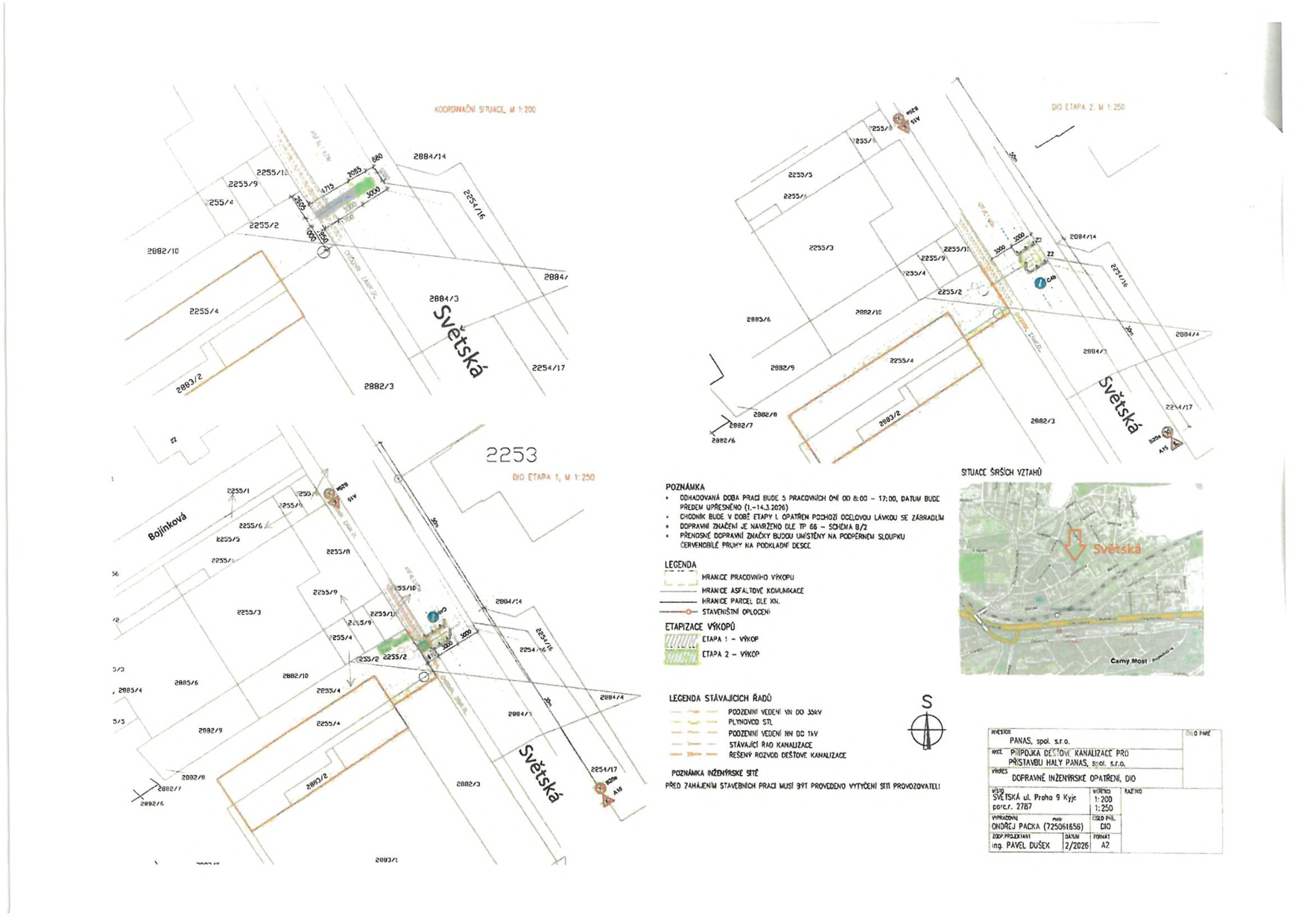 Koordinační situace a situační nákresy pro stavbu přípojky dešťové kanalizace v ulici Světská.