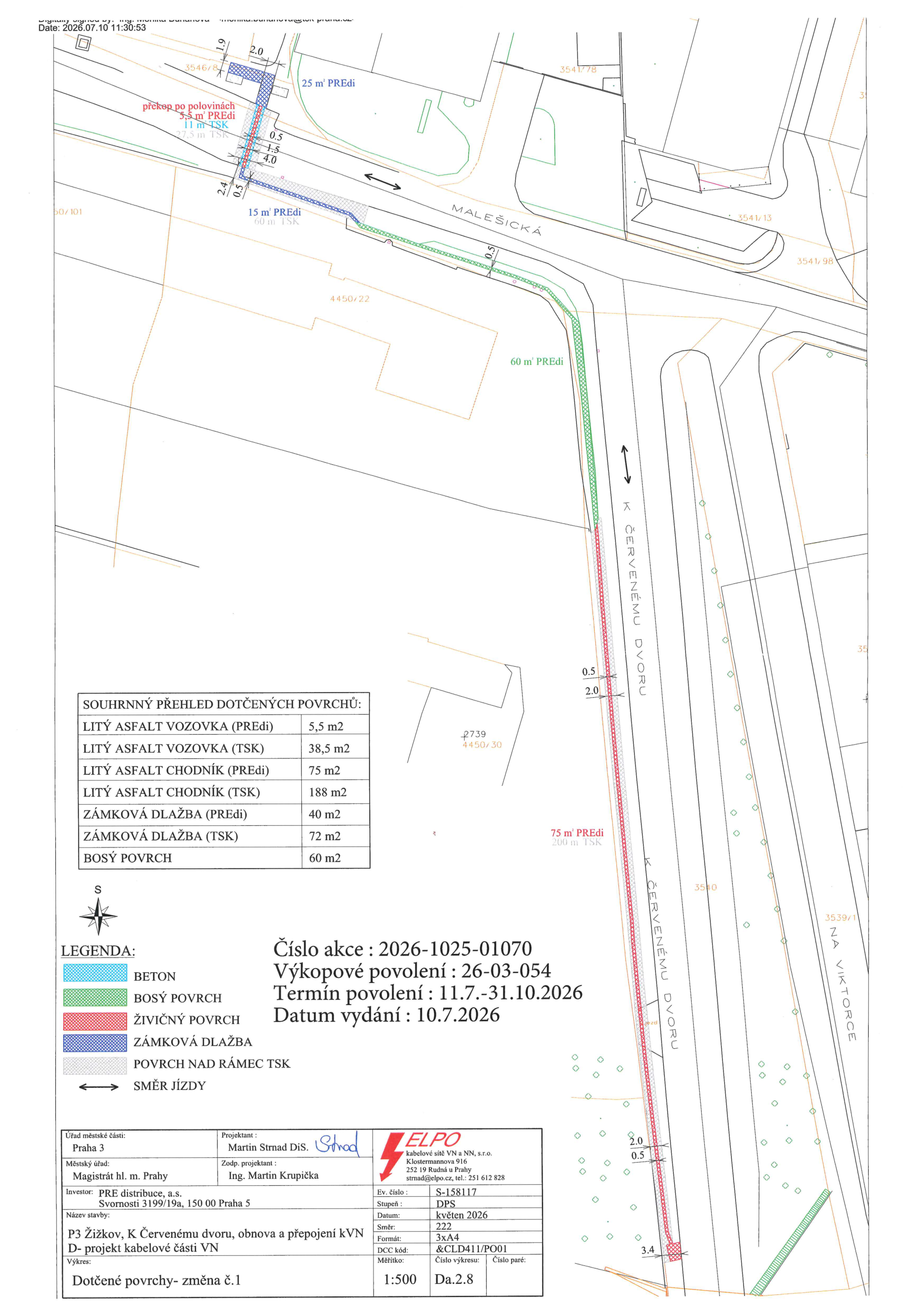 Situační plán stavby 'P3 Žižkov, K Červenému dvoru, obnova a přepojení kVN'. Dokument obsahuje legendu dotčených povrchů (beton, bosý povrch, živičný povrch, zámková dlažba, povrch nad rámec TSK). Číslo akce: 2026-1025-01070, výkopové povolení: 26-03-054, termín povolení: 11.7.-31.10.2026, datum vydání: 10.7.2026. Investor: PRE distribuce, a.s., Svornosti 3199/19a, 150 00 Praha 5. Projektant: Martin Strnad, ELPO, 252 19 Rudná. Měřítko: 1:500. Mapa zobrazuje ulice Malešická a K Červenému dvoru s vyznačenými plochami výkopů a typy povrchů.