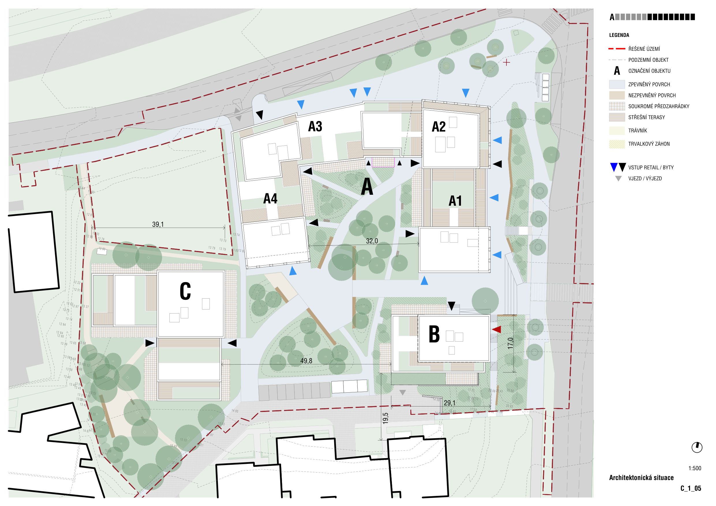 Architektonická situace (měřítko 1:500, označení C_1_05). Plán zobrazuje rozmístění objektů A1, A2, A3, A4, A, B a C v rámci řešeného území. Legenda obsahuje: Řešené území, Podzemní objekt, Označení objektu, Zpevněný povrch, Nezpevněný povrch, Soukromé předzahrádky, Střešní terasy, Trávník, Trvalkový záhon, Vstup retail/byty, Vjezd/výjezd. V plánu jsou vyznačeny rozměry (39,1; 32,0; 49,8; 17,0; 29,1; 19,5).