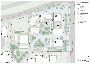 Architektonická situace (měřítko 1:500, označení C_1_05). Plán zobrazuje rozmístění objektů A1, A2, A3, A4, A, B a C v rámci řešeného území. Legenda obsahuje:…
