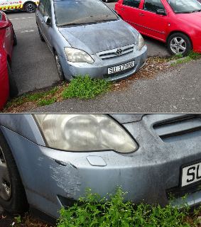 Fotografie poškozeného a znečištěného šedého osobního automobilu značky Toyota (SPZ: SU 17458) parkujícího u krajnice, detail na poškoděný a odřený přední nára…