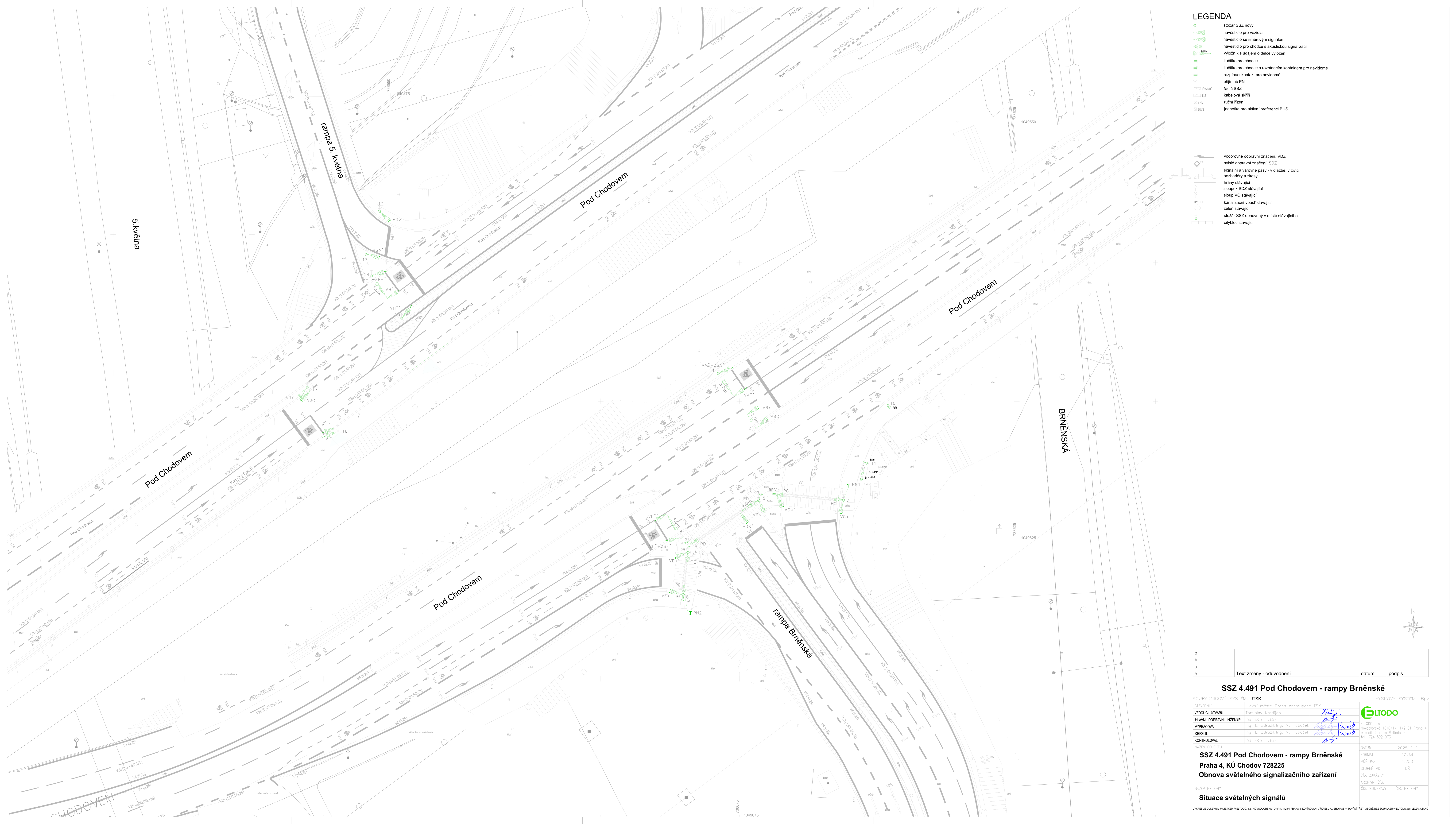 Situační nákres světelného signalizačního zařízení (SSZ) pro křižovatku Pod Chodovem a rampy Brněnská.
