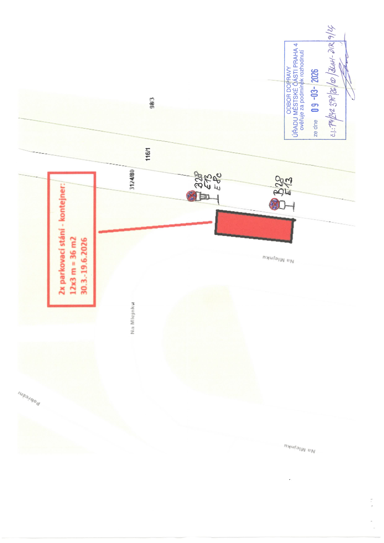 Situační nákres umístění parkovacího stání pro kontejnery na ulici Na Mlejnku.
