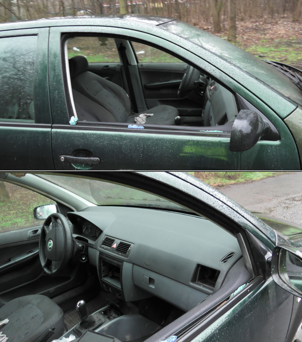 Fotografie poškozeného vozidla, pravděpodobně jako důkazní materiál v rámci úředního řízení.