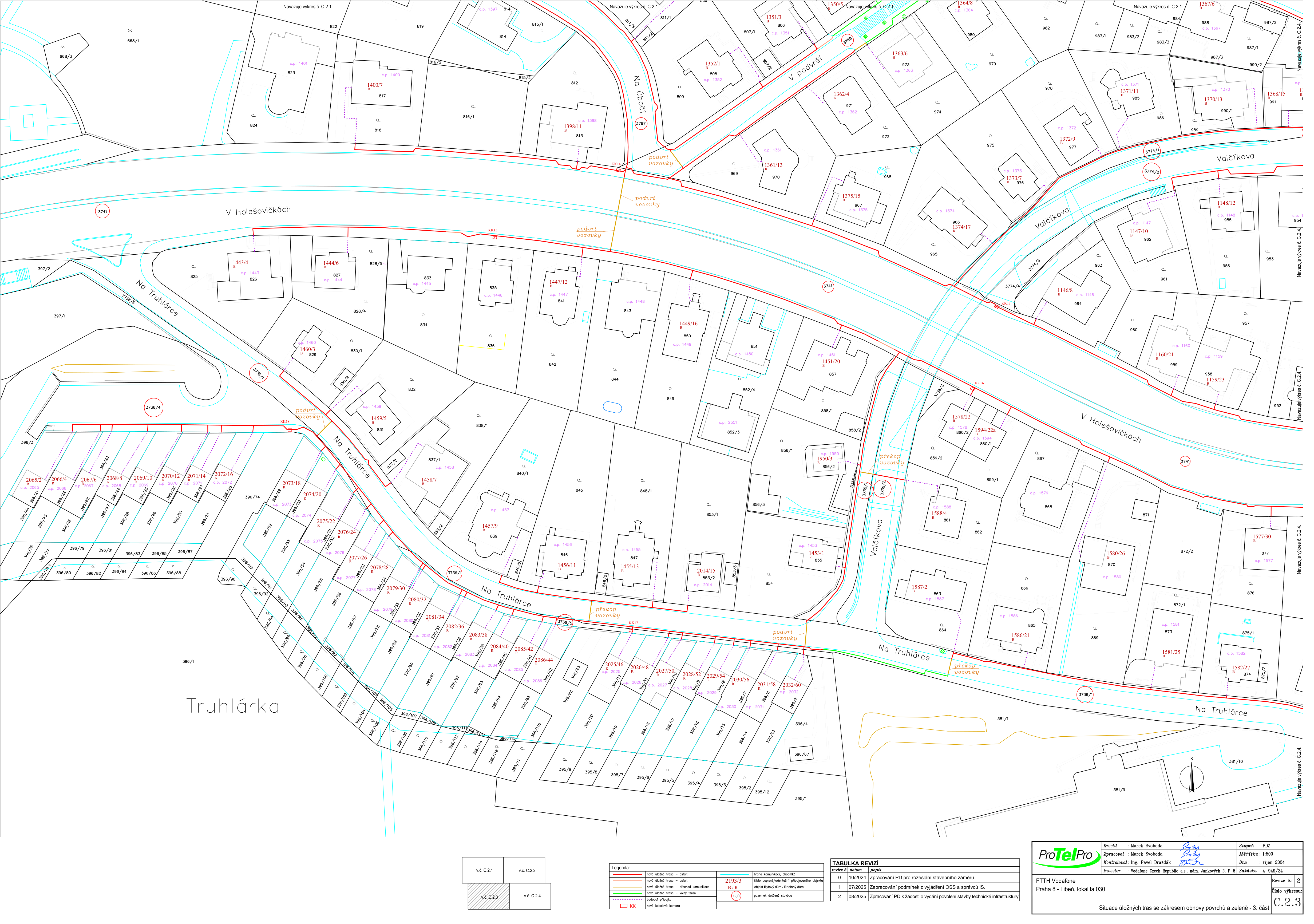 Situační výkres inženýrských sítí (FTTH Vodafone) pro lokalitu Praha 8 - Libeň, část 3. Výkres obsahuje katastrální mapu s vyznačenými trasami vedení (červené, zelené, modré a fialové čáry) v ulicích V Holešovičkách, Na Oboří, V podvrší, Valčíkova a Na Truhlářce. Obsahuje legendu, tabulku revizí (0 10/2024, 1 07/2025, 2 08/2025), razítko firmy ProTelPro, měřítko 1:500, datum 08/2025 a označení výkresu C.2.3.
