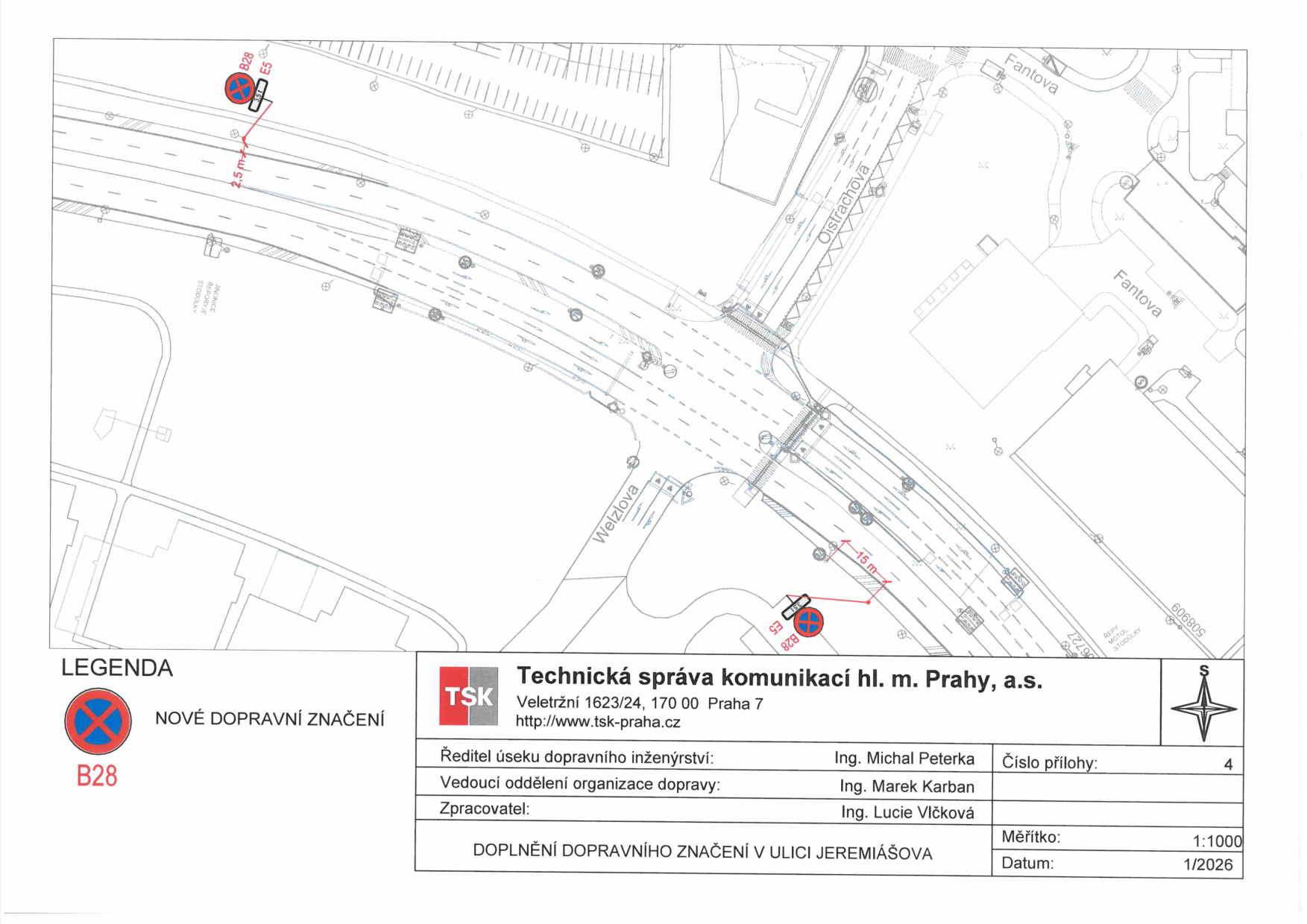 Situační nákres dopravního značení v ulici Jeremiášova.