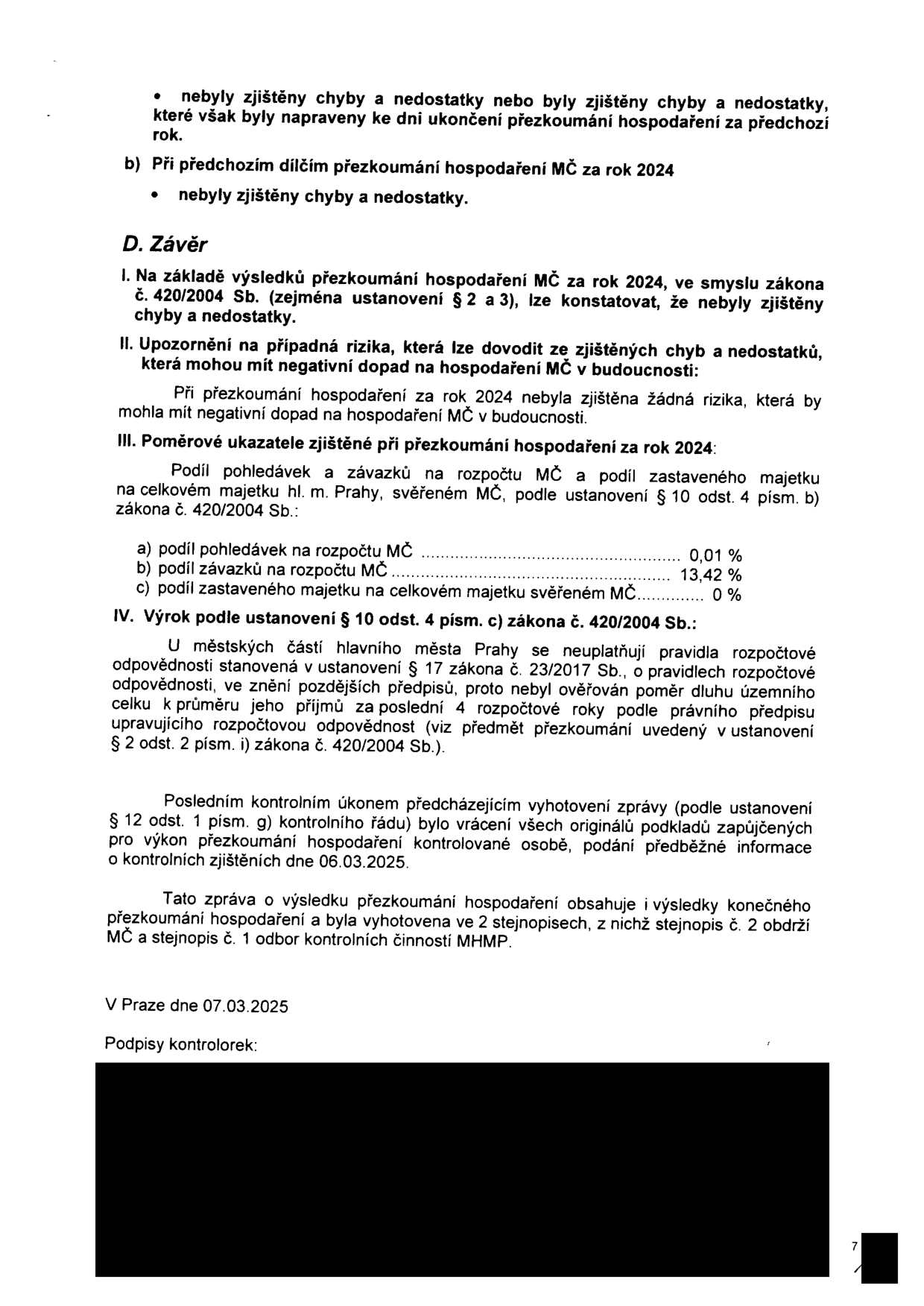 Závěrečná část zprávy o přezkoumání hospodaření MČ za rok 2024. Obsahuje sekci D. Závěr: I. Nebyly zjištěny chyby a nedostatky. II. Nebyla zjištěna žádná rizika. III. Poměrové ukazatele: podíl pohledávek na rozpočtu MČ 0,01 %, podíl závazků na rozpočtu MČ 13,42 %, podíl zastaveného majetku na celkovém majetku svěřeném MČ 0 %. IV. Výrok podle zákona č. 420/2004 Sb. ohledně rozpočtové odpovědnosti. Dále informace o vrácení podkladů dne 06.03.2025, vyhotovení ve 2 stejnopisech a datum podpisu 07.03.2025.