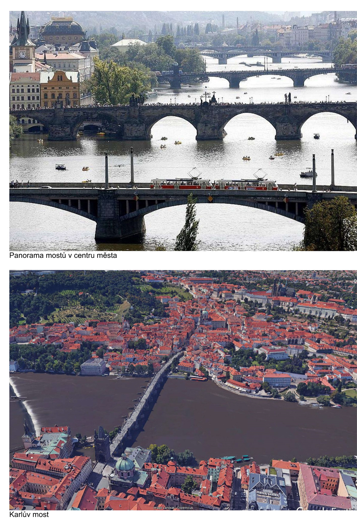 Obrázek obsahuje dvě fotografie Prahy. Horní fotografie s popiskem 'Panorama mostů v centru města' zachycuje pohled na několik pražských mostů přes Vltavu, včetně tramvaje na jednom z nich. Dolní fotografie s popiskem 'Karlův most' zachycuje letecký pohled na Karlův most a přilehlou zástavbu Starého Města a Malé Strany.
