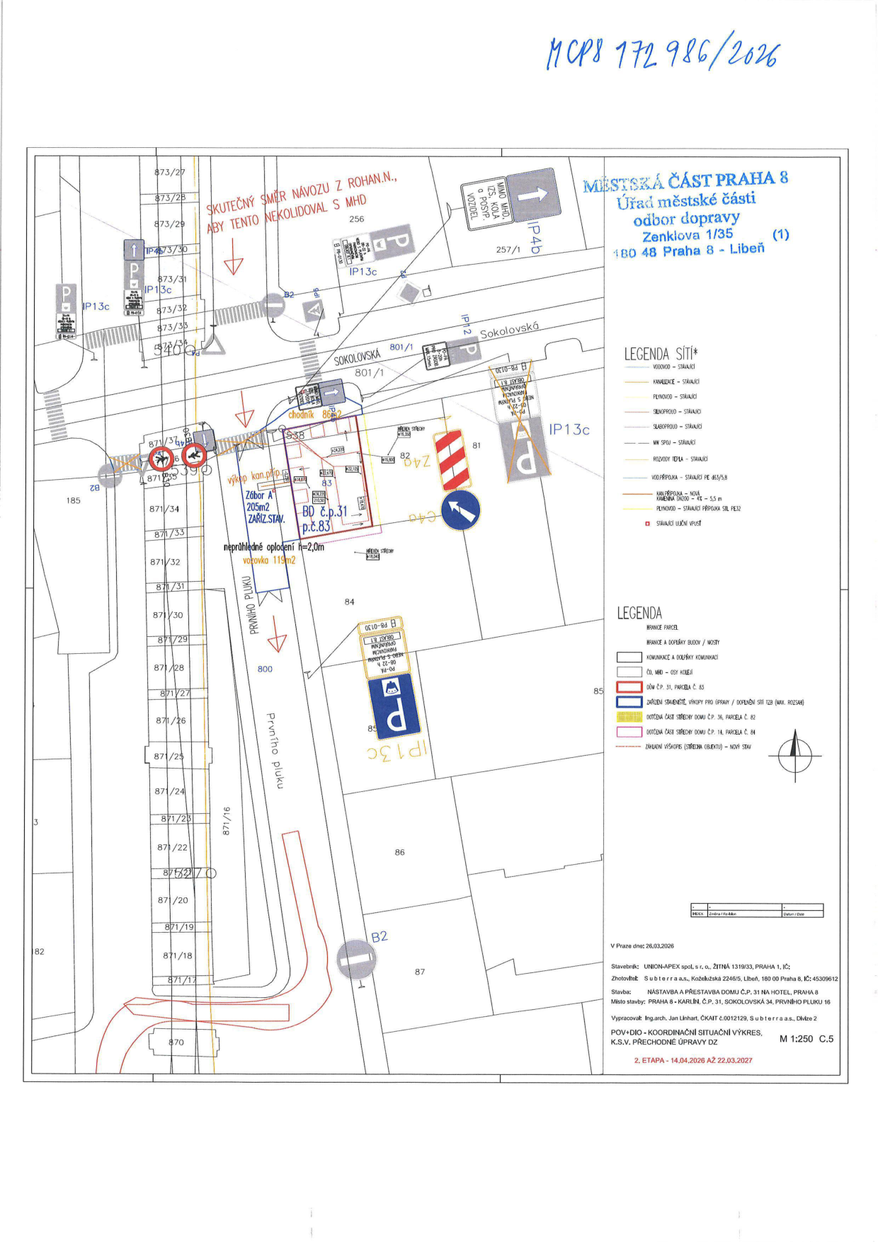 Koordinační situační výkres dopravního značení pro stavbu v ulici Sokolovská a Prvního pluku v Praze 8.