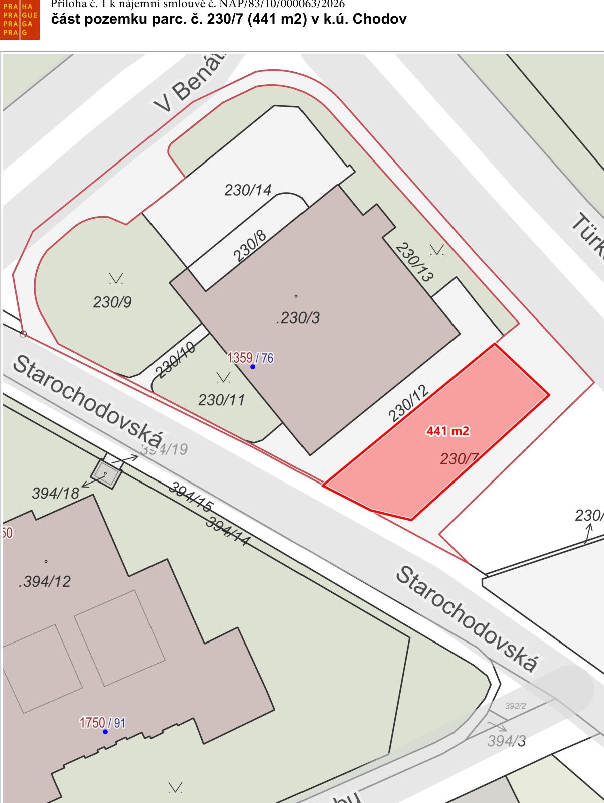 Katastrální mapa zobrazující část pozemku parc. č. 230/7 v k.ú. Chodov.